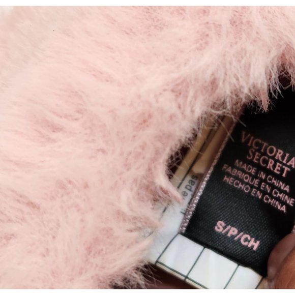 Victoria's Secret Signature Satin Slippers Pink/Black Polka Dot with Faux Fur Si - Picture 4 of 7